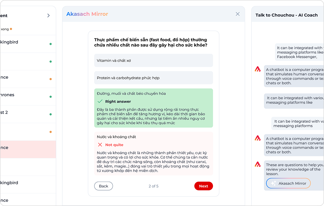 Phản hồi tức thì ngay sau khi trả lời, người học nhận được đánh giá đúng/sai